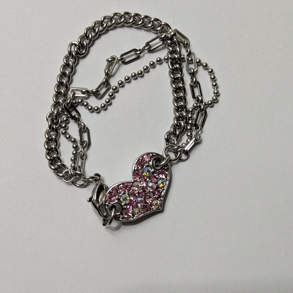 Guess Silver Tone Bracelet with Pink Heart Charm
